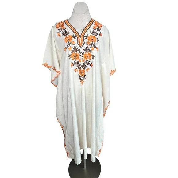 Vintage 60s Embroidered Brown and Orange Floral Caftan Metal Zipper - Picture 1 of 8
